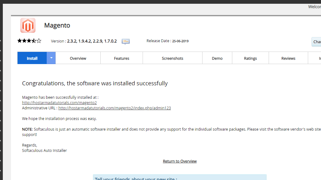 Installation successful screen