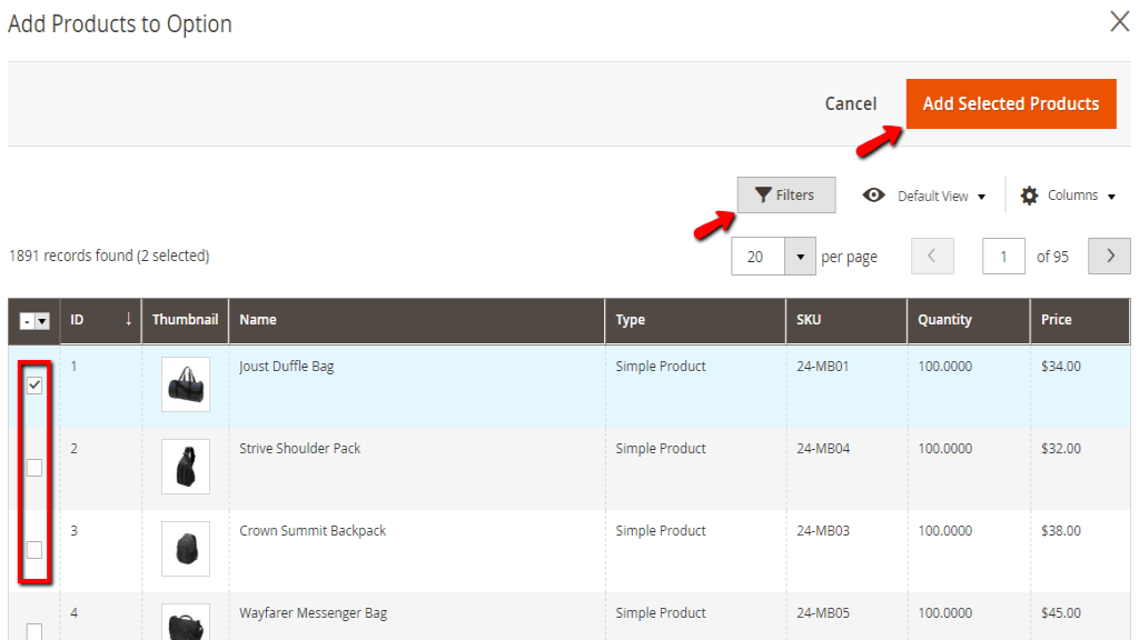 Adding Selected Products