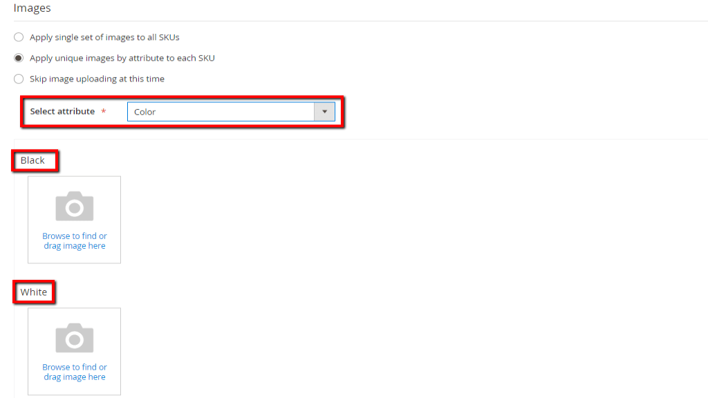 Images and prices for each SKU