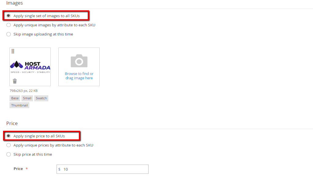 Selecting images and prices