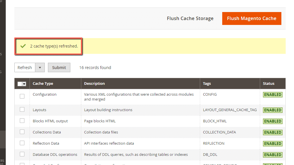 Magento Cache Type Refreshed
