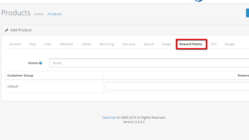 Reward Points Tab settings