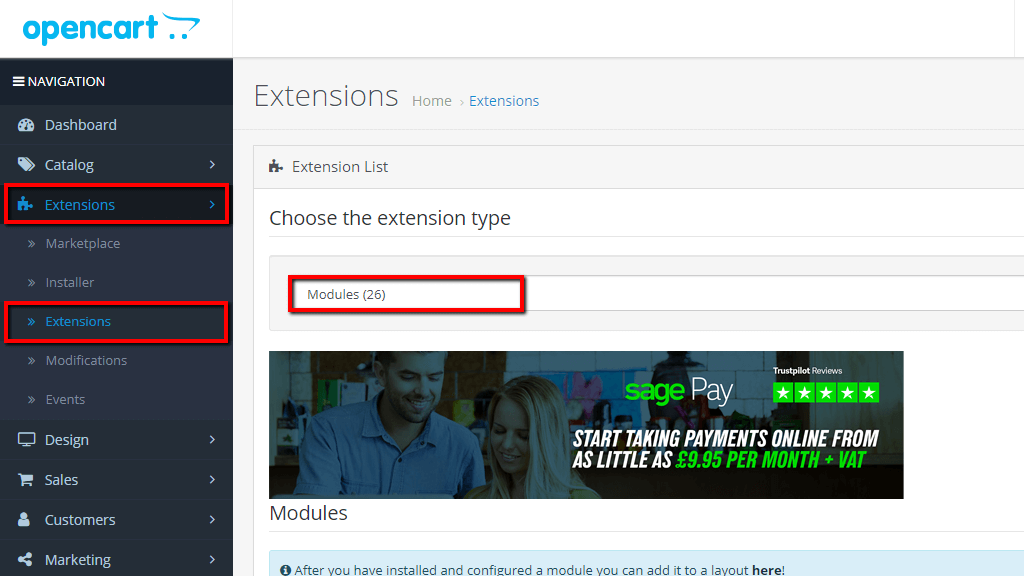 Choosing the Modules extension type
