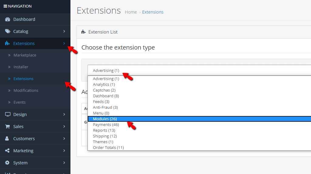 List OpenCart Modules