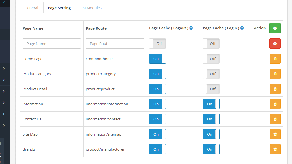 OpenCart LiteSpeed Cache Extension Page Settings