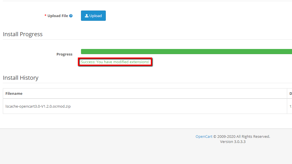 OpenCart LiteSpeed Cache extension installation completed