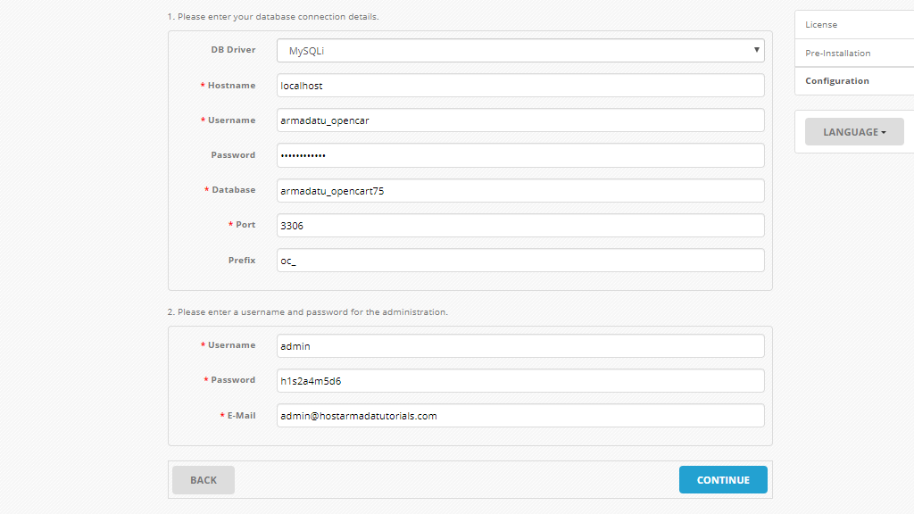 Entering database and admin details