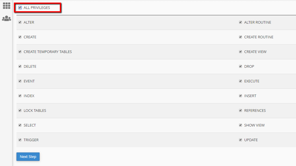 Selecting the database privileges