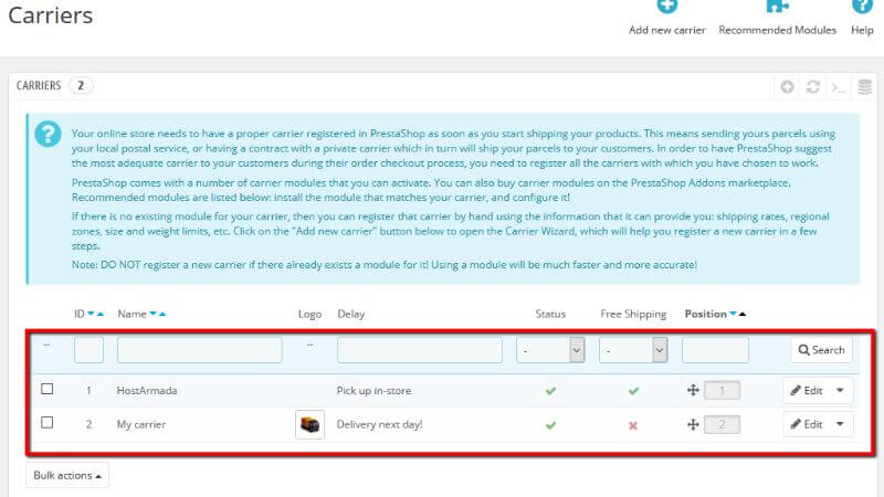 Active carriers section