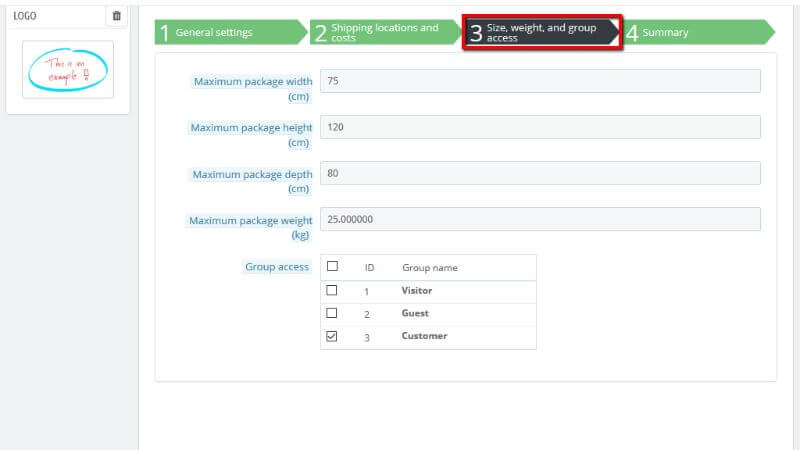 Configure the size, weight and group access for a new carrier