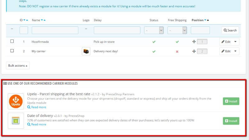 Recommended carrier modules