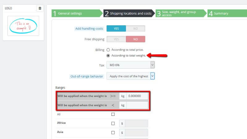 Set the weight range for the carrier