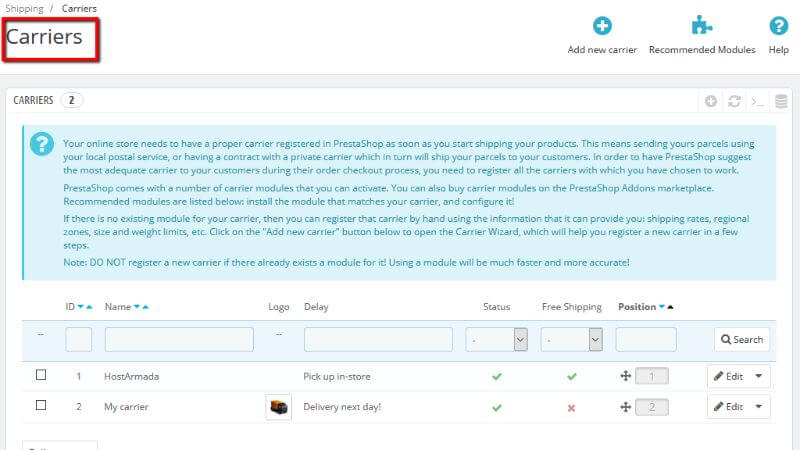 The carriers page overview