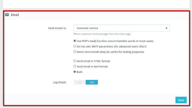 Email settings section