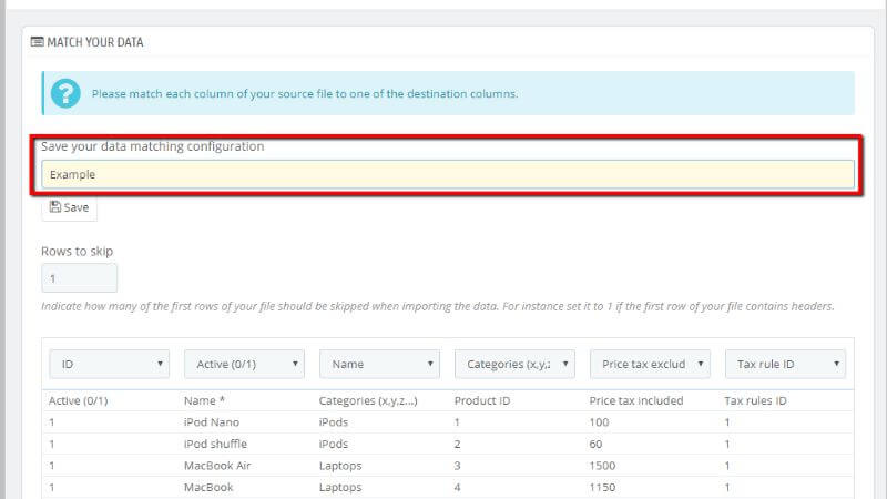Save your current matching configuration for the CSV import procedure