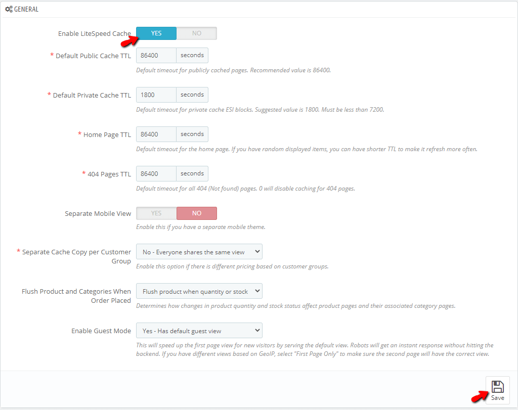Activate PrestaShop LiteSpeed Cache Module