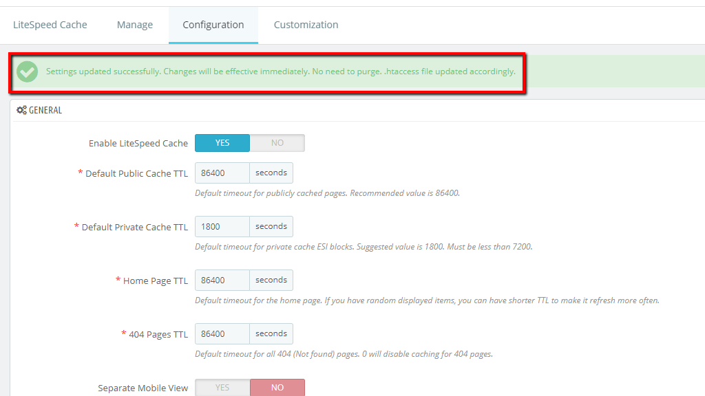 PrestaShop LiteSpeed Cache Module Activated