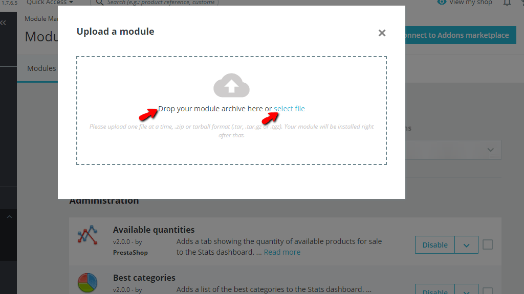 Select PrestaShop file to upload