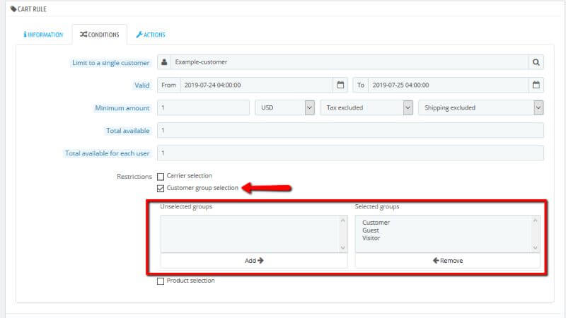 Configuring the Cart Rule Customer Group Selection option