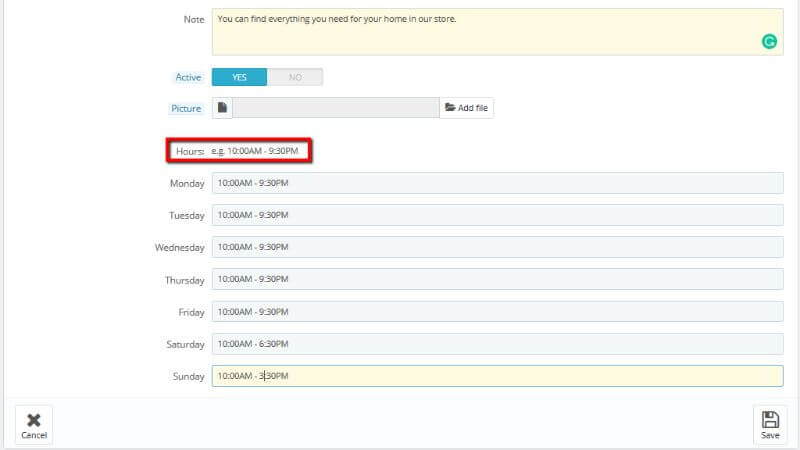 Configuring store working hours