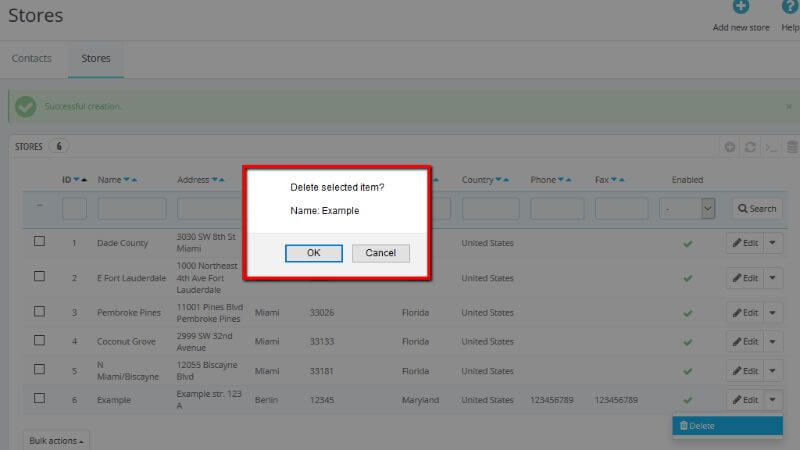 Confirming Store Contact deletion