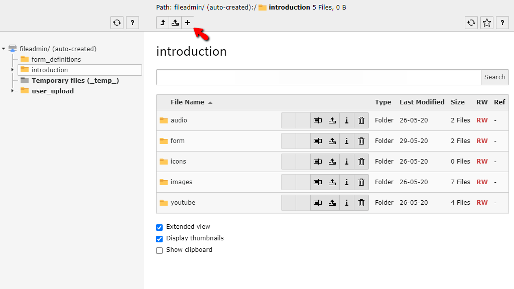 Add new File or Folder to TYPO3