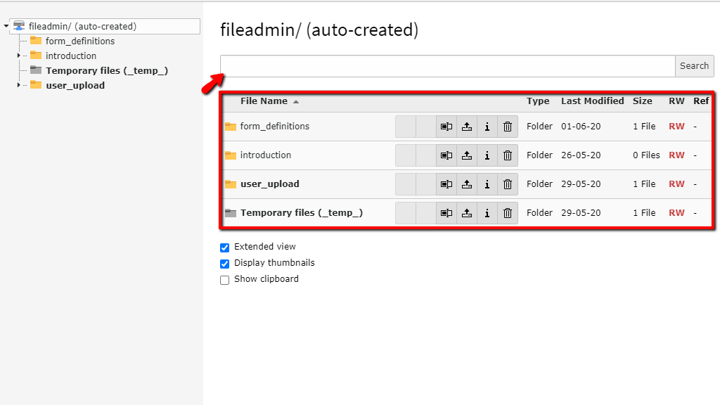 TYPO3 Files section