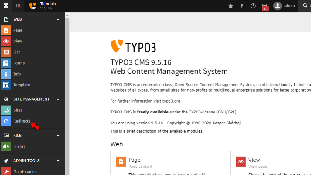 Access TYPO3 Redirects section