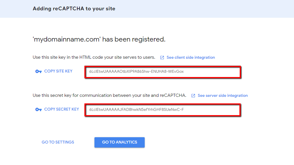 Configuring site keys for Google reCaptcha