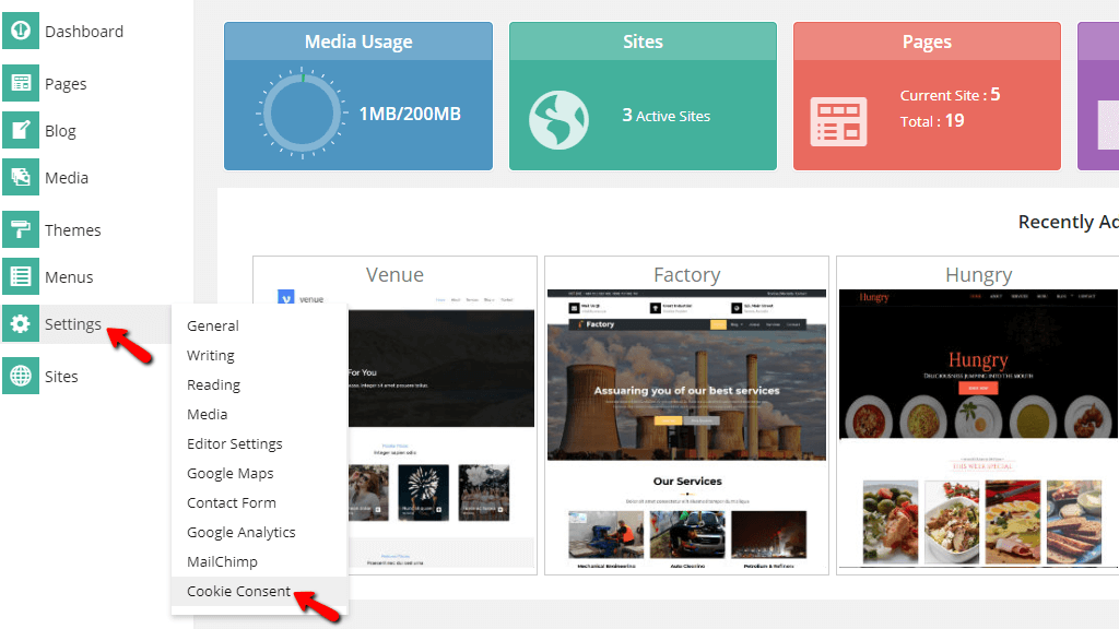 Accessing the Cookie Consent configuration page