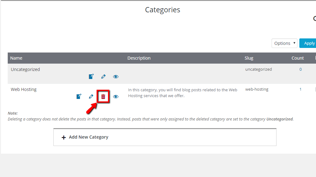 Deleting an existing category