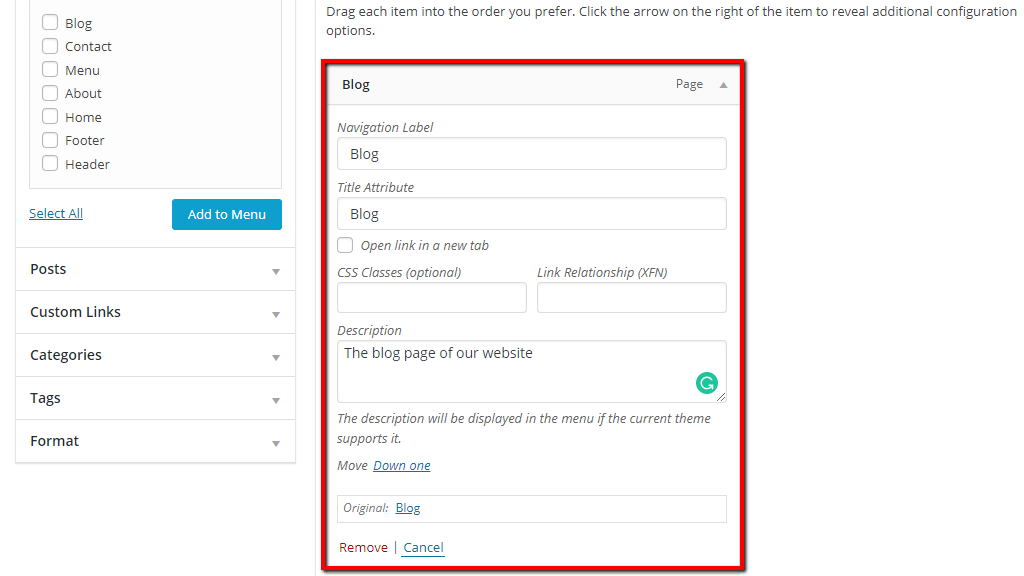 Configure the properties of a menu item