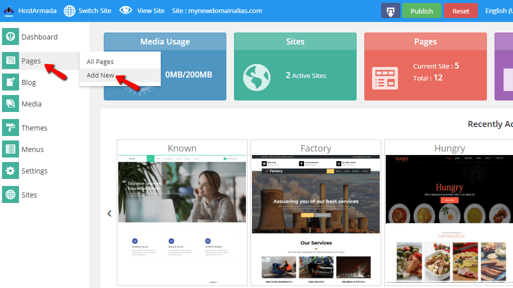 The menu for adding a new page