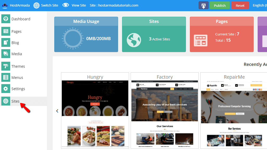 Accessing the sites menu
