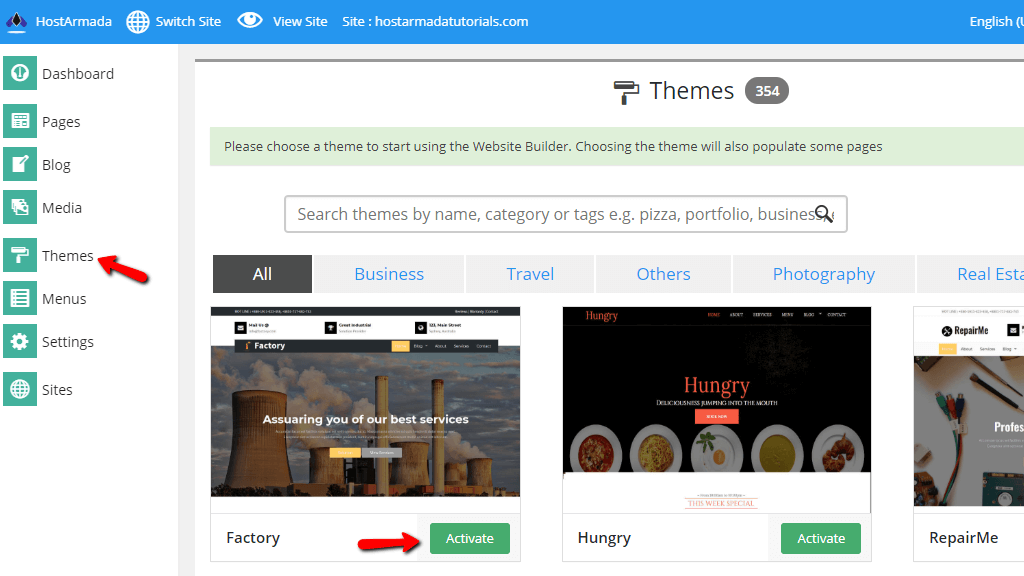 Choosing the theme for your website builder