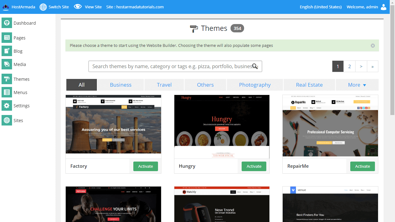 The main interface of the HostArmada Website Builder