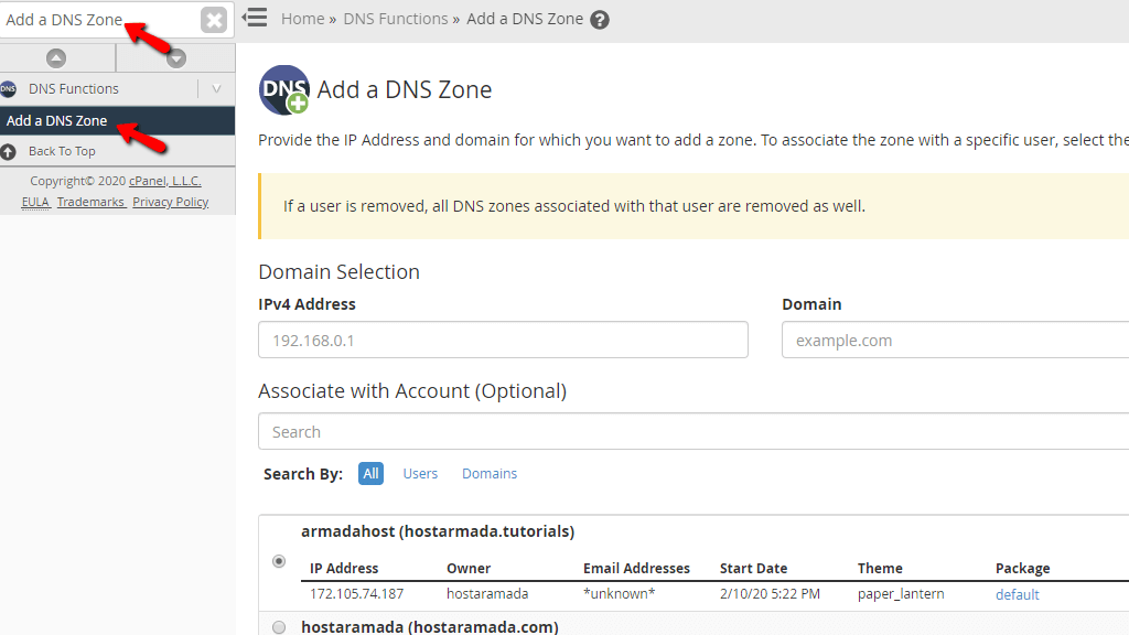 Accessing the Add a DNS Zone feature