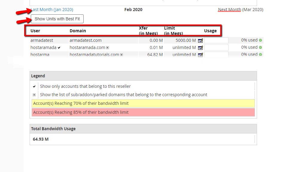 Navigating throught he View Bandwidth usage page