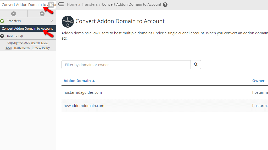 Accessing the Convert Addon Domain to Account feature