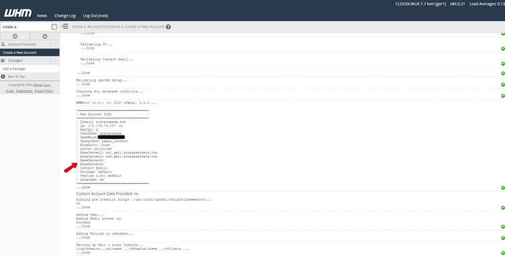 cPanel account created screen
