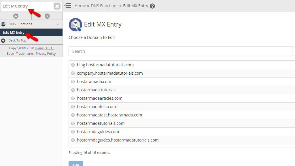 Accessing the Edit MX Entry feature in the WHM