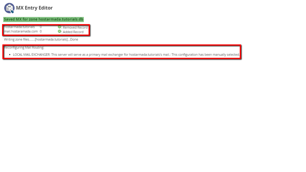 MX Entry successfully edited screen