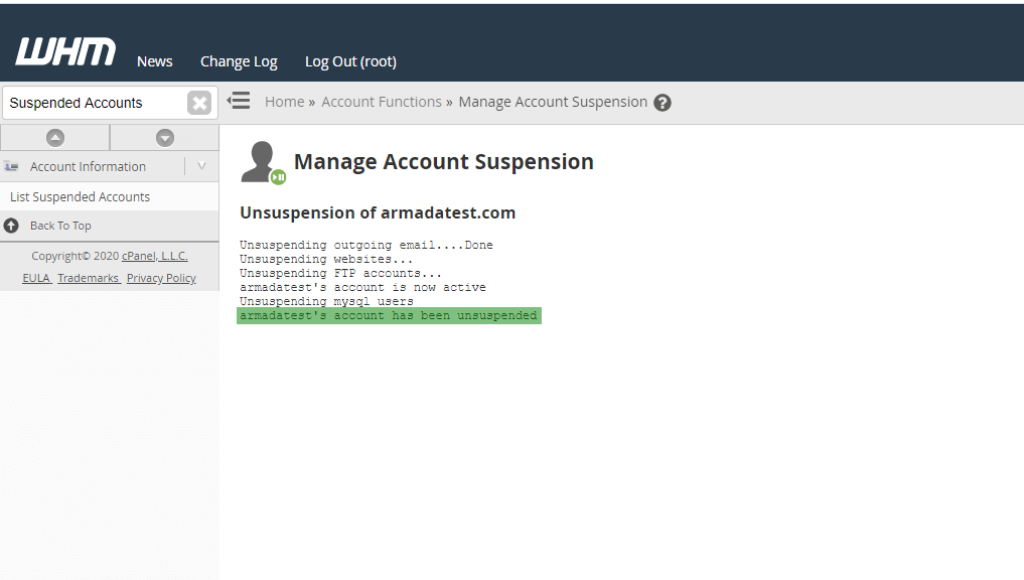 Unsuspended cPanel account changelog