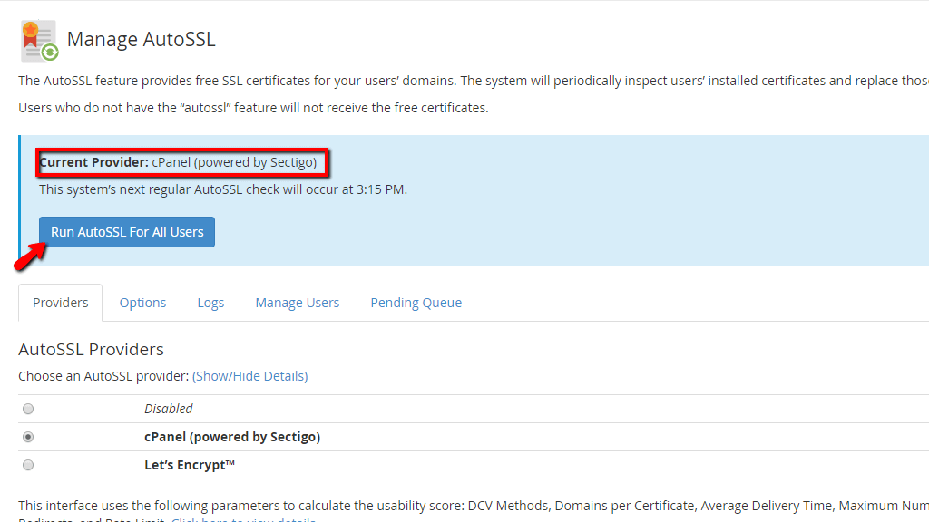 Run AutoSSL for All Users button