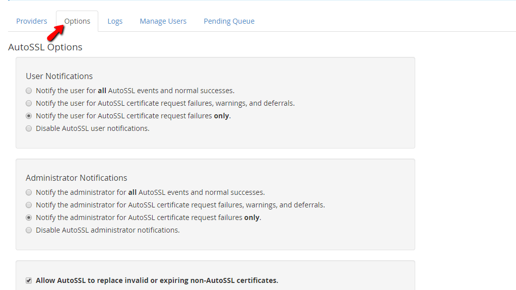 Options tab overview