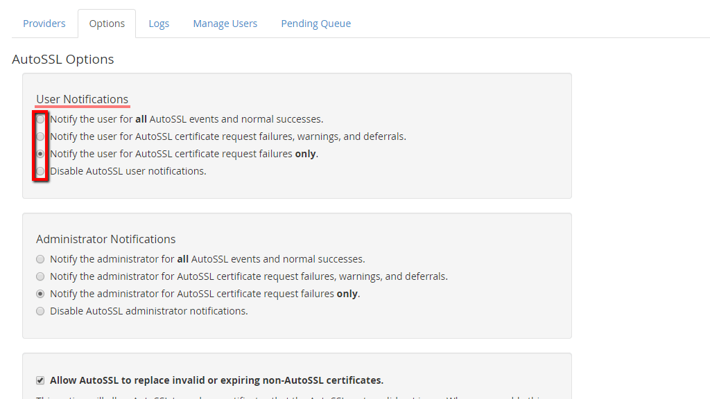 User Notifications section