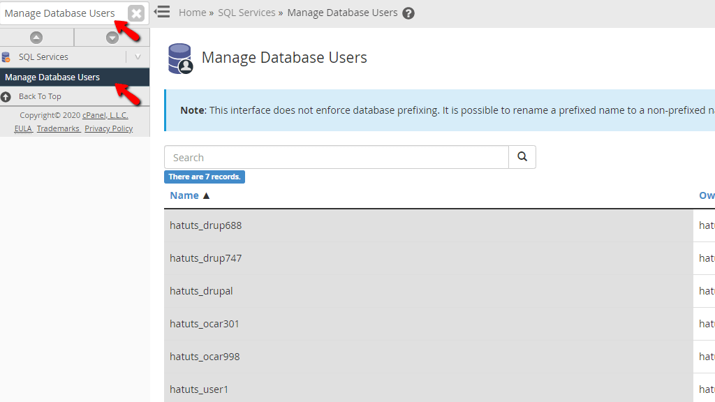 Accessing the Manage Manage Database Users feature