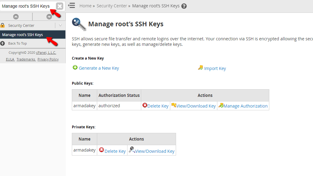 Accessing the Manage root’s SSH Keys feature