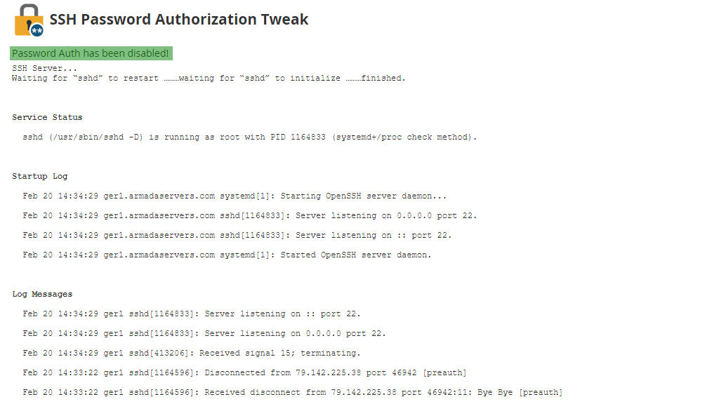  Password Authentication successfully disabled screen