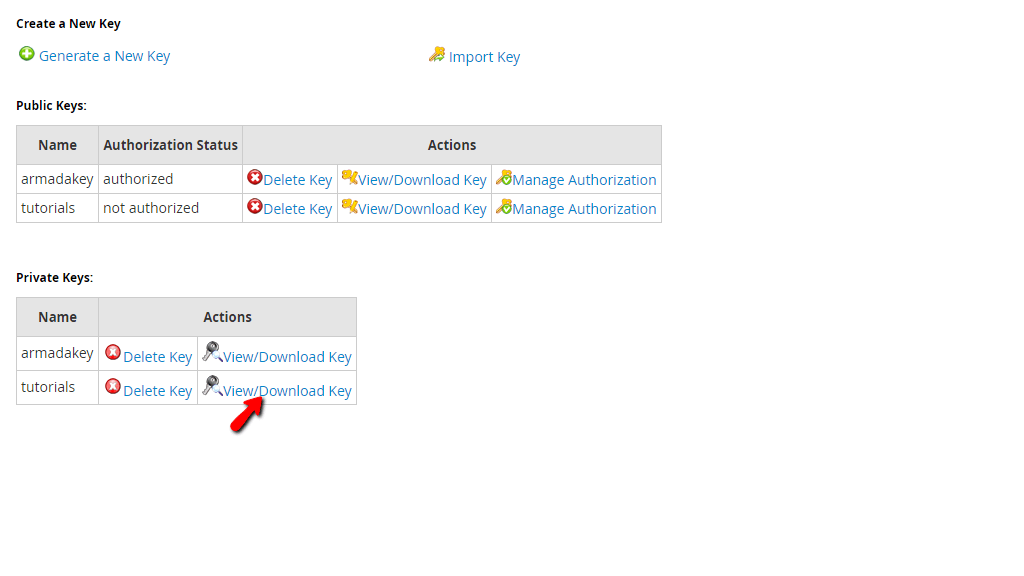 View/Download Private Key option